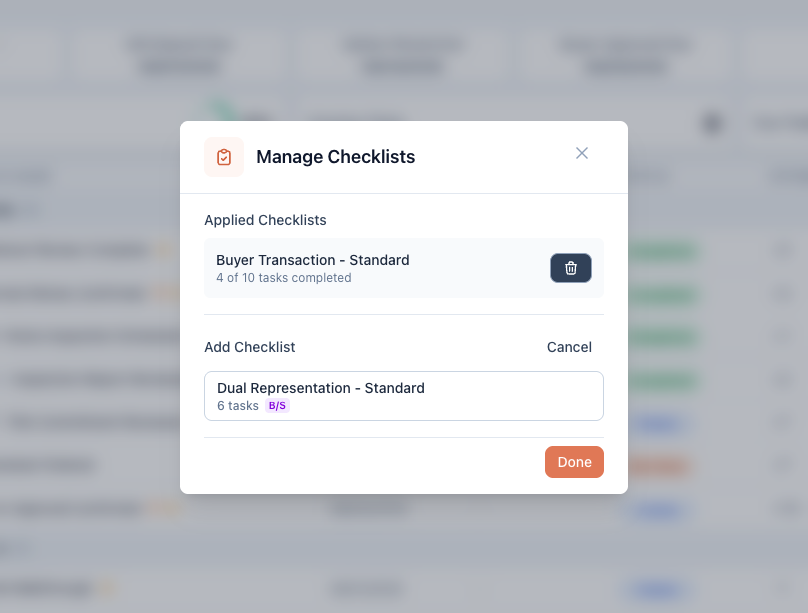 Manage Checklists modal showing an applied checklist’s progress and one available to add