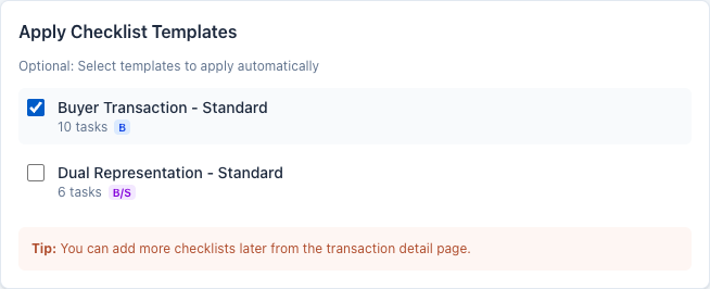 Apply Checklist Templates card on the new-transaction page with one template checked