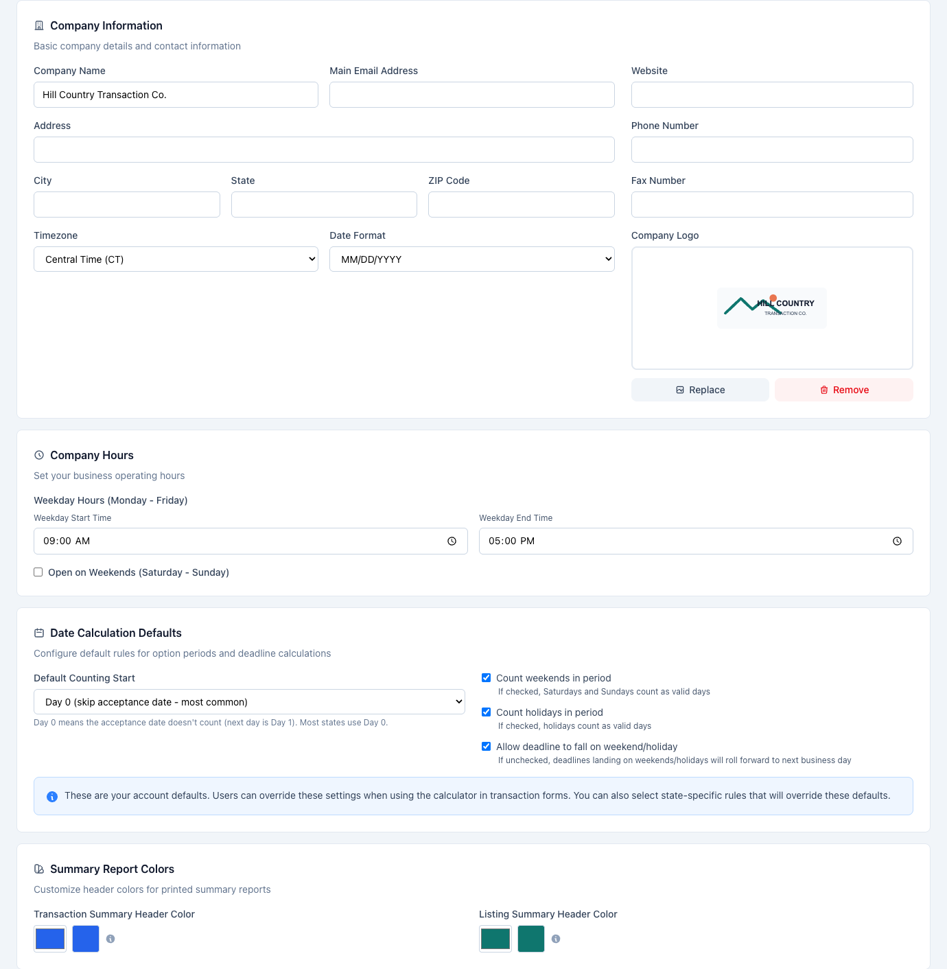 Company Settings with the Company Logo uploader and Summary Report Colors pickers