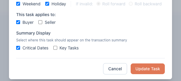 &lsquo;This task applies to&rsquo; checkboxes on a task, with Buyer checked