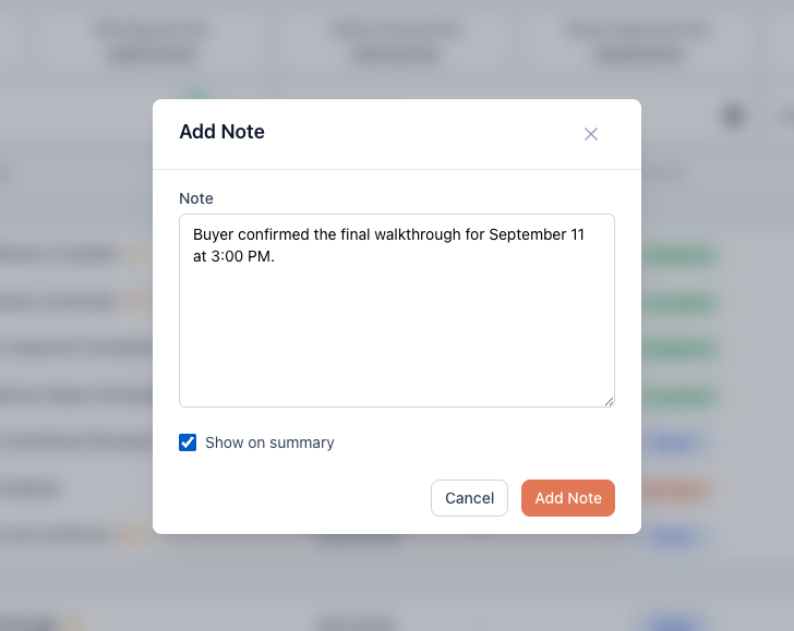 Add Note modal with the Show on summary checkbox checked