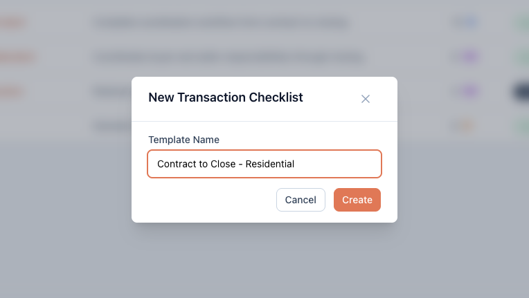 New Transaction Checklist modal with the Template Name filled in
