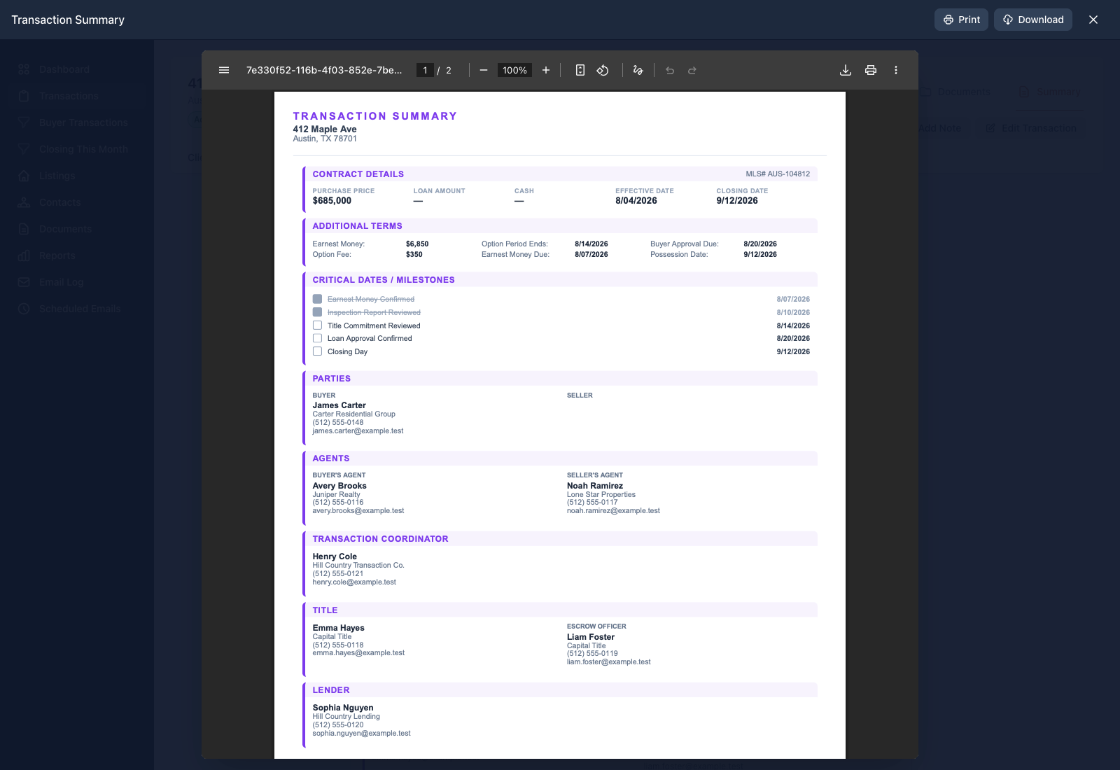 PDF preview of a branded transaction summary with Print and Download controls
