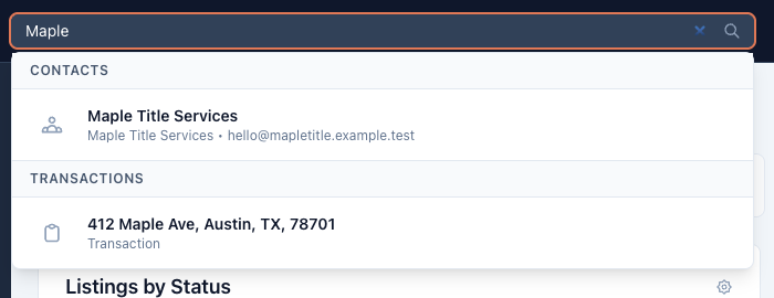 Header search showing grouped contact and transaction results for &lsquo;Maple&rsquo;