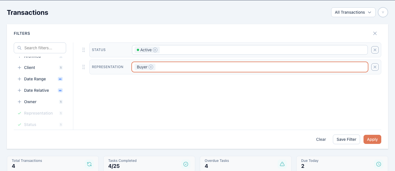 Filter panel with Status and Representation criteria and the Save Filter button