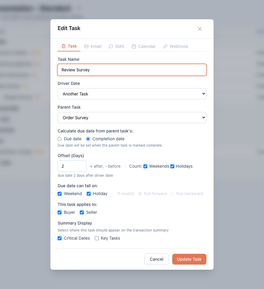 Task form driven by Another Task, with parent Order Survey and Completion date selected