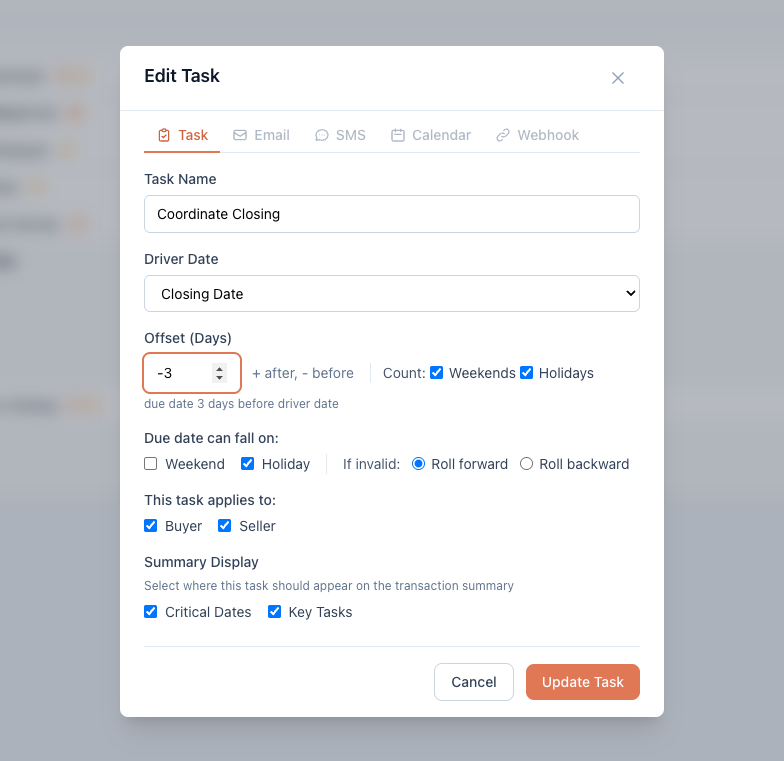 Task form set to Closing Date driver with a -3 day offset and weekend roll rules