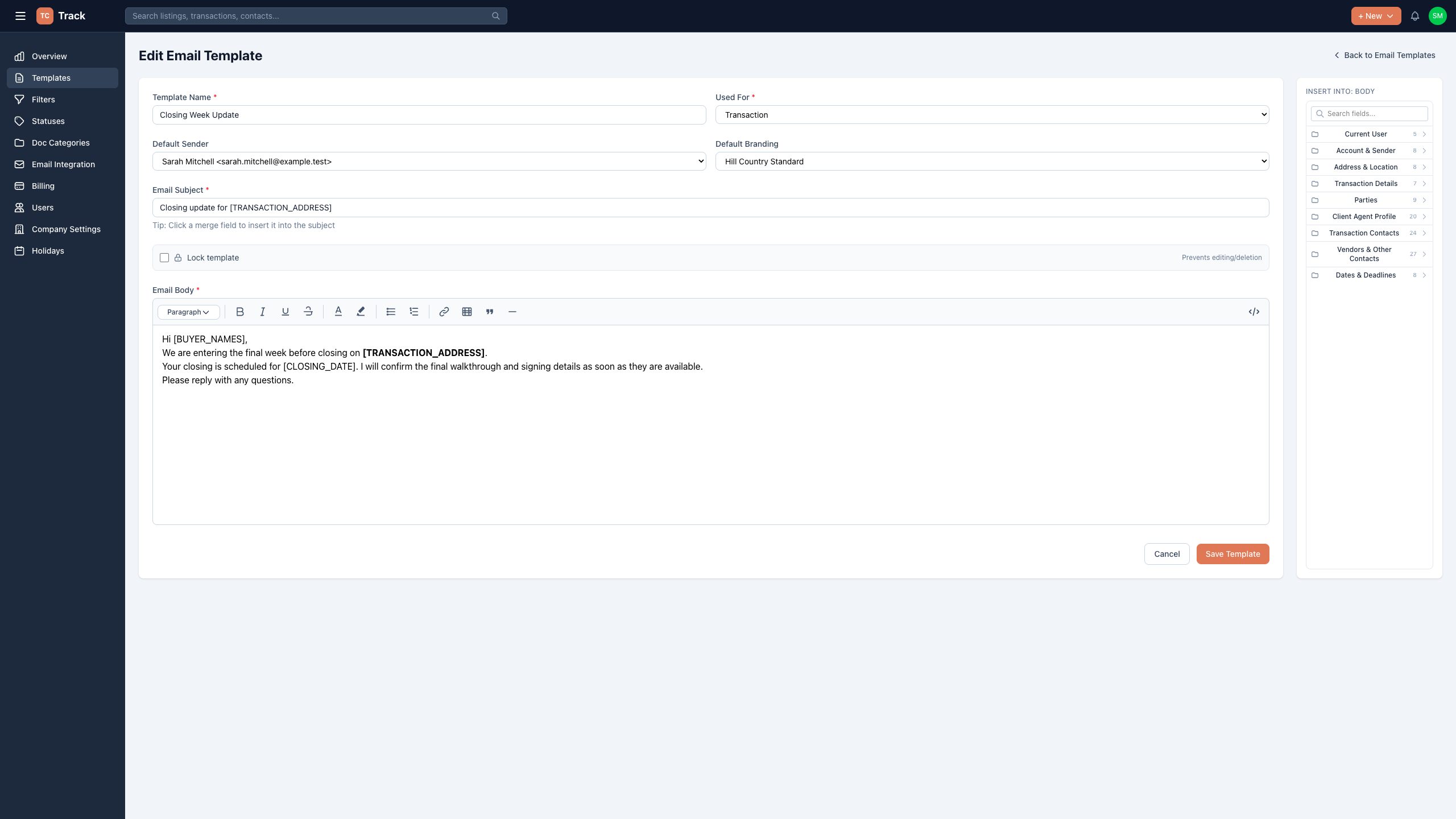 TC Track email template editor with merge fields and automated sending schedule