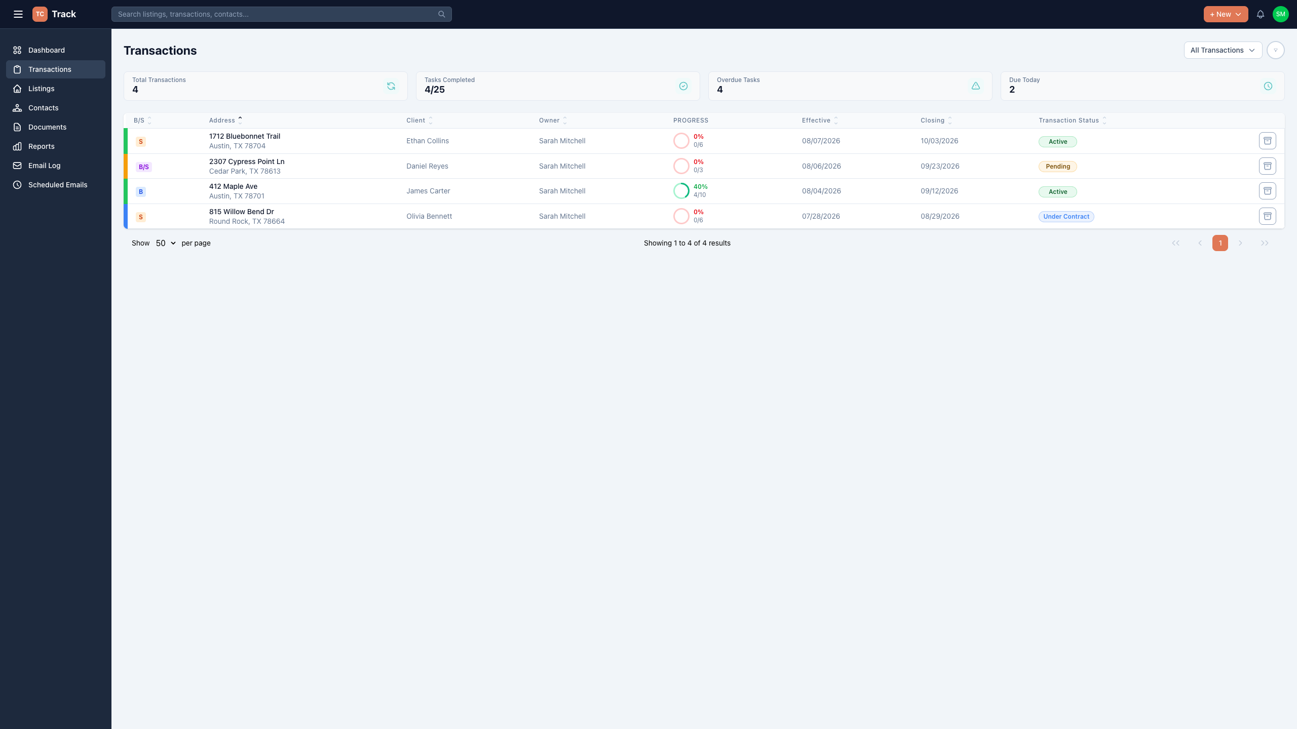TC Track dashboard and branded PDF summary showing a transaction's status, deadlines, and activity